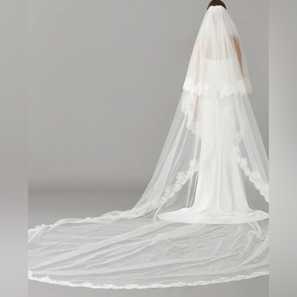 Pronovias tulle Chantilly lace cathedral veil with blusher